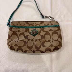 Coach Signature Canvas Wristlet Clutch Brown & Teal Patent Trim Turn-Lock Stra